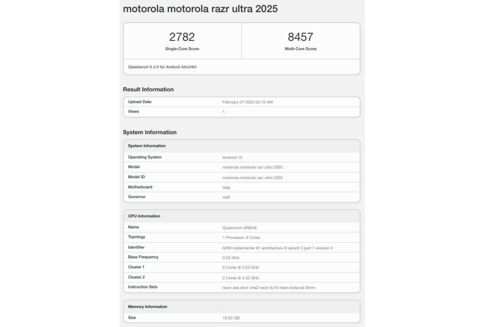 Motorola Razr 60 Ultra bei einem Geekbench-Test