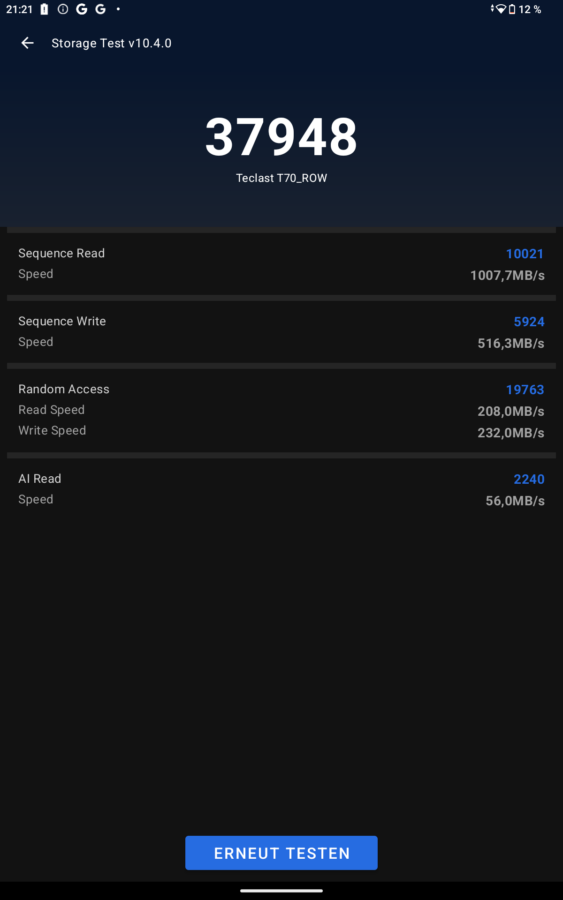 Teclast T70 Antutu v10 Storagetest