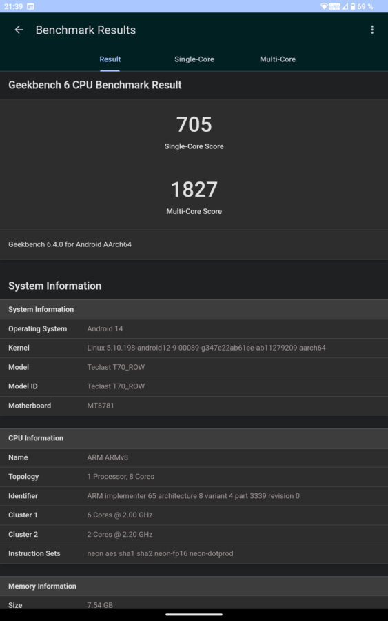 Teclast T70 Geekbench 6